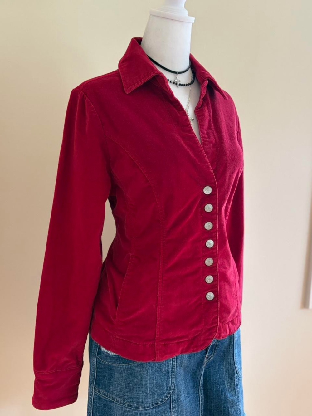 Vintage Y2K red velvet corduroy jacket vamp cyber subversive grunge blouse S-M - Picture 4 of 11